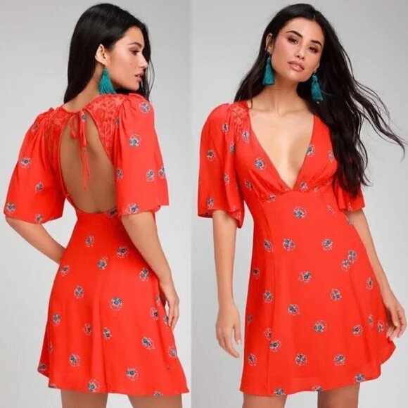 Free People Mini Dress Red Floral Print 2 - Picture 1 of 12